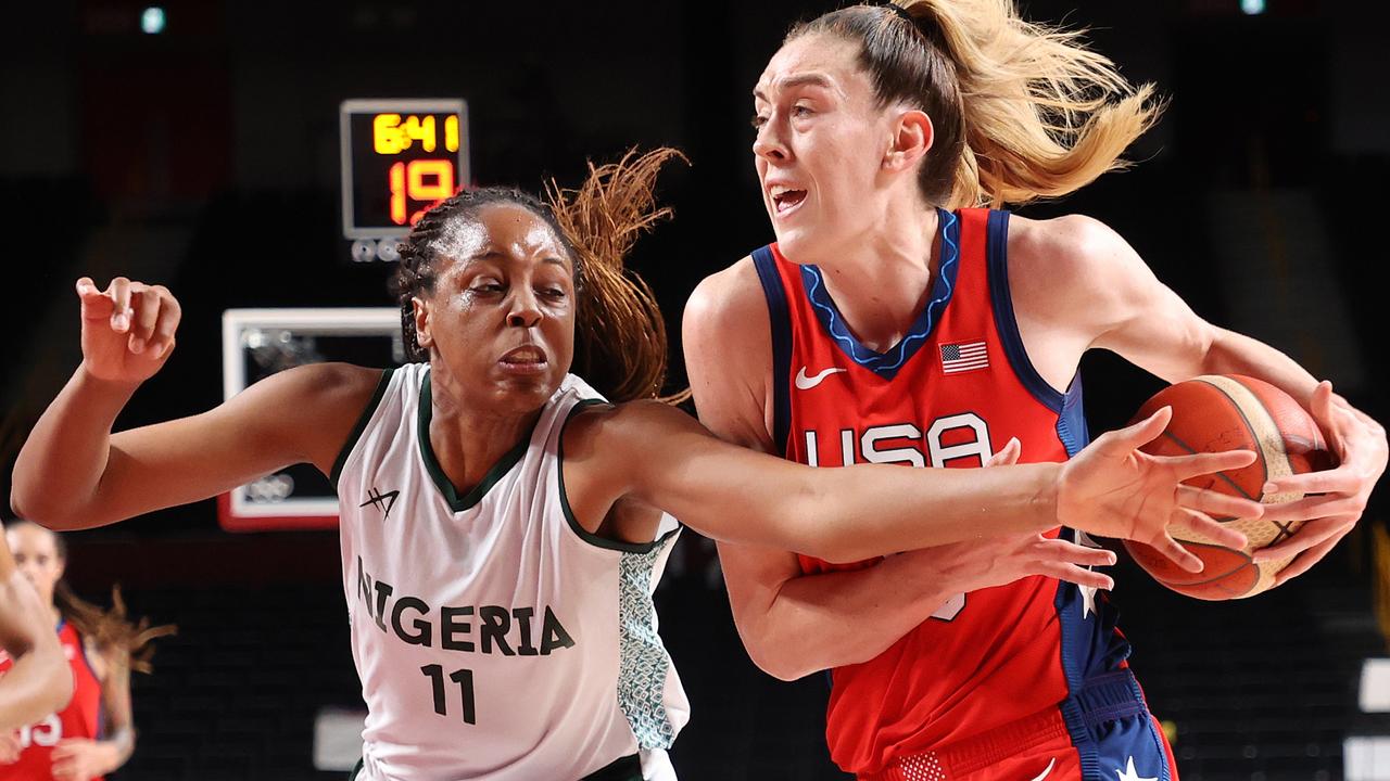 Adaora Elonu guards USA’s Breanna Stewart in Nigeria’s loss to the basketball giants. Picture: Getty Images