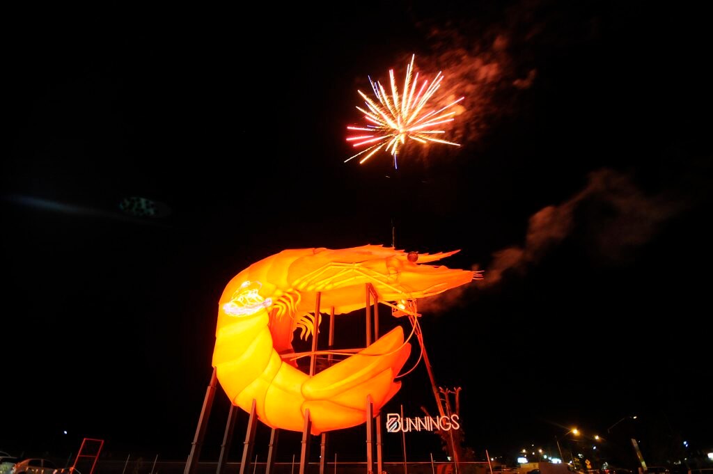 The laser show at the Big Prawn in Ballina on Friday night. Photo Doug Eaton / The Northern Star. Picture: Doug Eaton