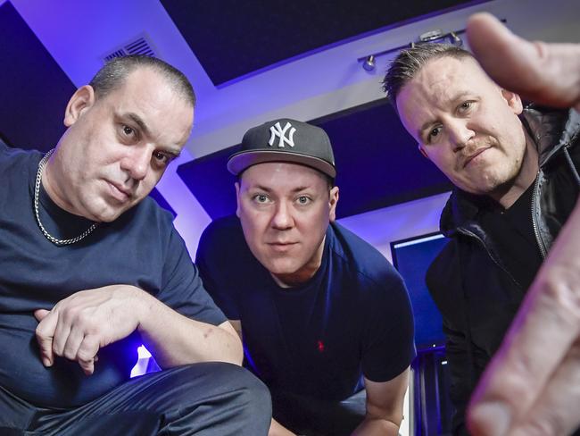 Hilltop Hoods are pictured in the Studio.They will be touring again late August 2022.L/R. Bazz (DJDebris), Matt (Suffa) and Dan (Pressure).Wednesday 20 July 2022. Pic Roy VanDerVegt