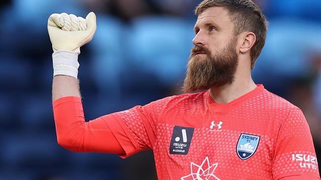 SYDNEY, AUSTRALIA - APRIL 16: Sydney FC goalkeeper Andrew Redmayne celebrates winning the round 24 A-League Men's match between Sydney FC and Perth Glory at Allianz Stadium, on April 16, 2023, in Sydney, Australia. (Photo by Cameron Spencer/Getty Images)