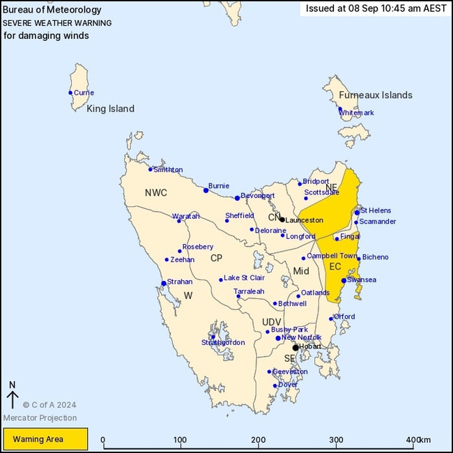 Severe warning issued for damaging winds for parts of North East, East Coast and Central North Forecast Districts on Sunday 8 September 2024. Picture: BOM.