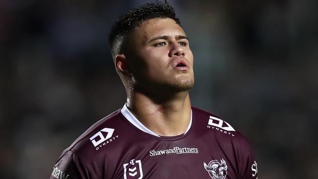 SYDNEY, AUSTRALIA - JUNE 09: Josh Schuster of the Sea Eagles reacts during the round 15 NRL match between Manly Sea Eagles and Dolphins at 4 Pines Park on June 09, 2023 in Sydney, Australia. (Photo by Jason McCawley/Getty Images)