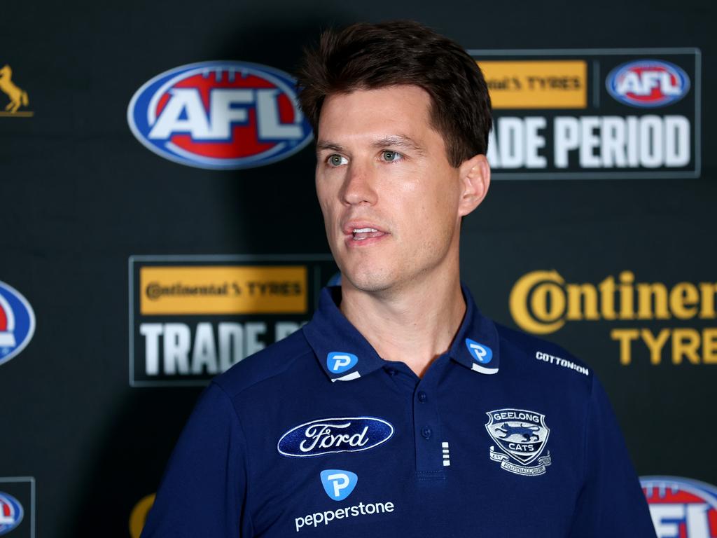 Andrew Mackie speaks at Marvel Stadium on Monday. Picture: Josh Chadwick/AFL Photos via Getty Images.