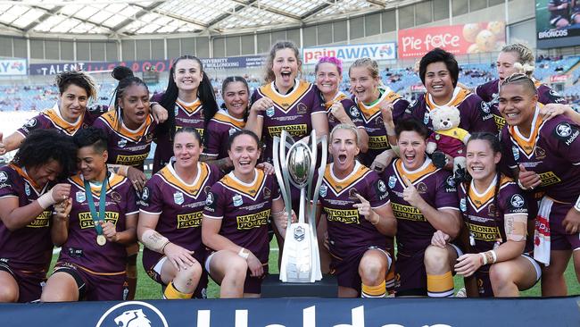 Broncos players celebrate their win over the Sydney Roosters in the NRLW grand final at ANZ Stadium. Picture: Brett Costello