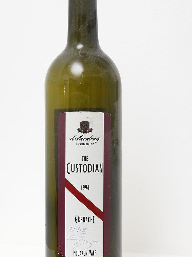 The empty bottle of "The Custodian" Grenache, polished off by Chris and his book editor Christopher Pearson when Chris finished his second book, "Women's Business". Picture: John Appleyard