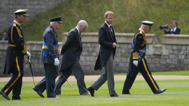 King Charles III, from right, Prince Harry, Prince Andrew, the Duke of Gloucester and Timothy Laurence arrive for the committal service of the lateQueen Elizabeth II at Windsor Castle in September. Picture: WPA pool/Getty Images