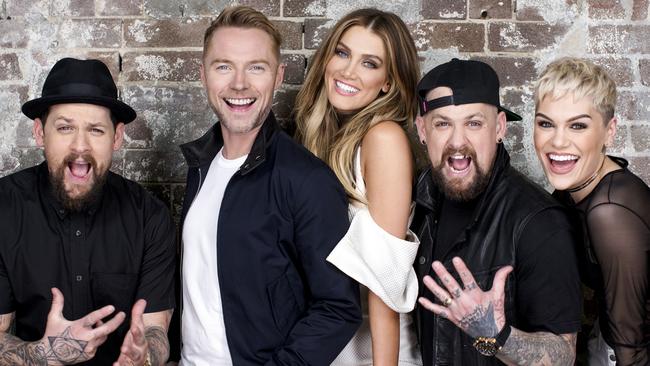 The Voice Australia's judging panel (L-R) Joel Madden, Ronan Keating, Delta Goodrem, Benji Madden & Jessie J