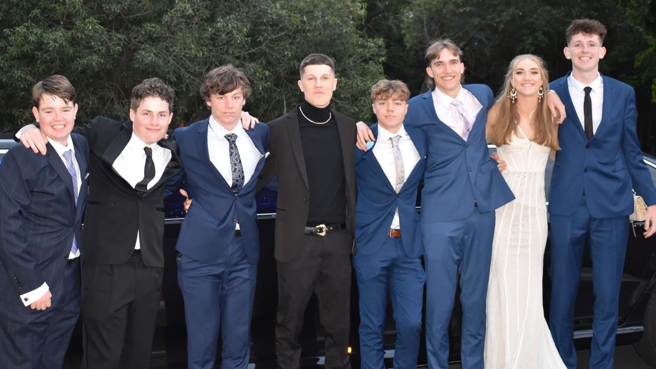 Teirnan O'Rourke, Jackson Hawker, Sam Lambert, Noah Gipters, Harvey Adams, Cooper Delaney, Jada Delaney and Liam Switzer at the Year 11 Good Shepherd formal, 2022.