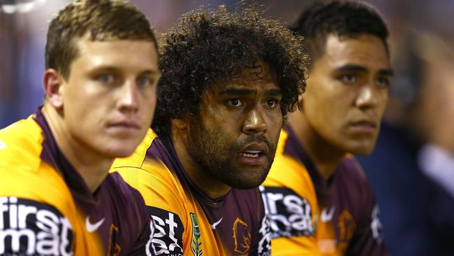 SYDNEY, AUSTRALIA - MARCH 13: Sam Thaiday of the Broncos watches from the bench during the round two NRL match between the Cronulla Sharks and the Brisbane Broncos at Remondis Stadium on March 13, 2015 in Sydney, Australia. (Photo by Renee McKay/Getty Images)