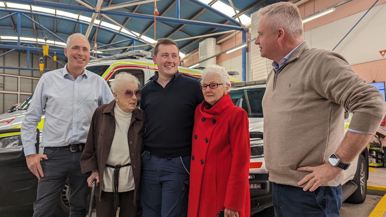 Windermere MLC Nick Duigan, community paramedic Sebastian Groves and Premier Jeremy Rockliff with community paramedicine patients Heather Elphick and Miki Pearce at Launceston Ambulance Station. Picture: Alex Treacy