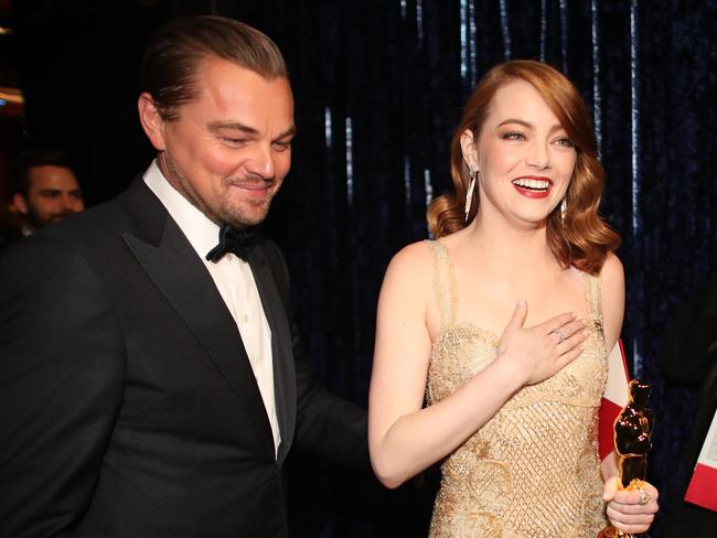 Leonardo DiCaprio and Emma Stone, winner of Best Actress for La La Land. Picture: Getty Images