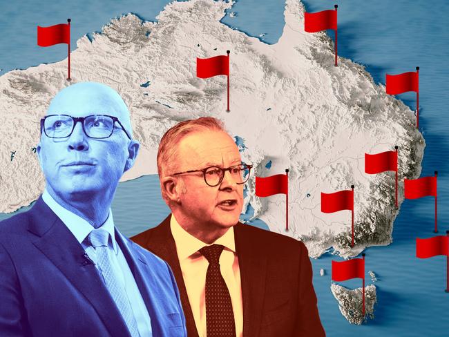 5 March 2025: Anthony Albanese and Peter Dutton in front of red flags showing issues around Australia. Sources: Pexels, iStock and NewsWire. Artwork by Frank Ling. Ratio 4:3