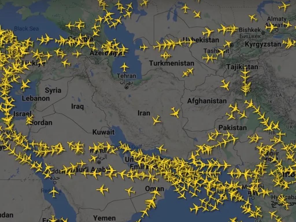 Before Iran opened fire around 7.30pm, the Middle East airspace was filled with commercial flights.