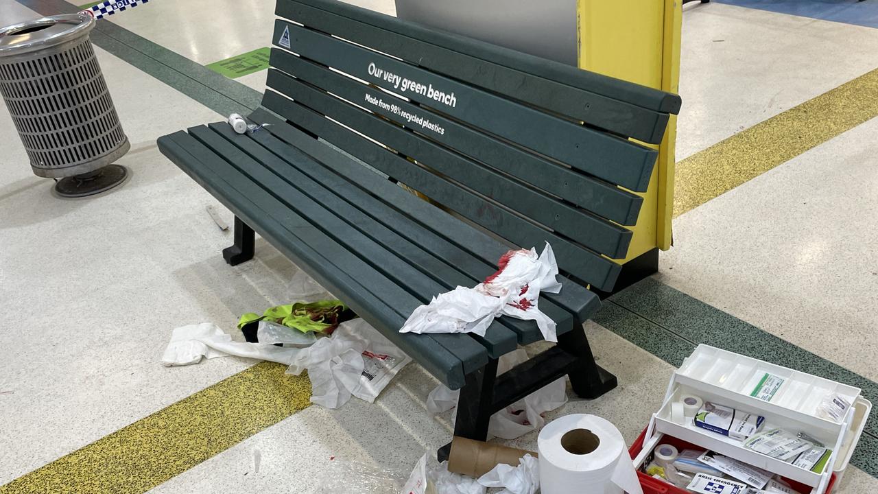 The bench where Mr Smallwood rested after being stabbed. His bloodied hi-vis work shirt is visible. Picture: Leighton Smith