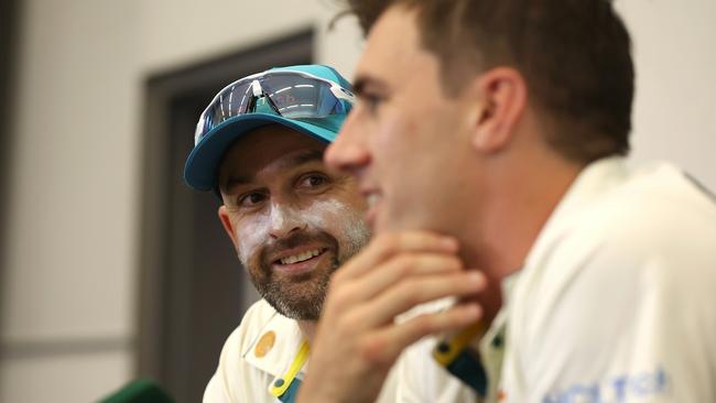 Nathan Lyon and Pat Cummins address the media after the first Test against Pakistan. Picture: Getty Images