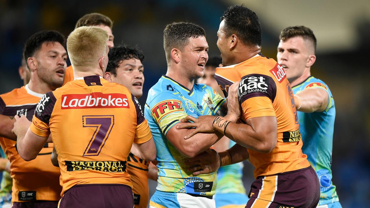 GOLD COAST, AUSTRALIA - SEPTEMBER 12: Richard Kennar of the Broncos and Ashley Taylor of the Titans exchanges words during the round 18 NRL match between the Gold Coast Titans and the Brisbane Broncos at Cbus Super Stadium on September 12, 2020 in Gold Coast, Australia. (Photo by Matt Roberts/Getty Images)