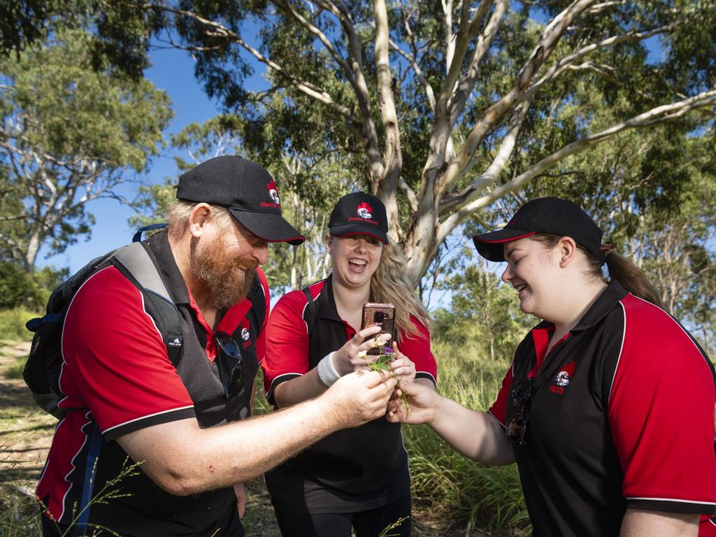 Computer Ambulance team members (from left) Mark Robin, Lauren McAdam and Annabelle McAdam take part in the scavenger hunt of Hike to Heal 2022 at Mt Peel Bushland Park, Saturday, February 19, 2022. Picture: Kevin Farmer