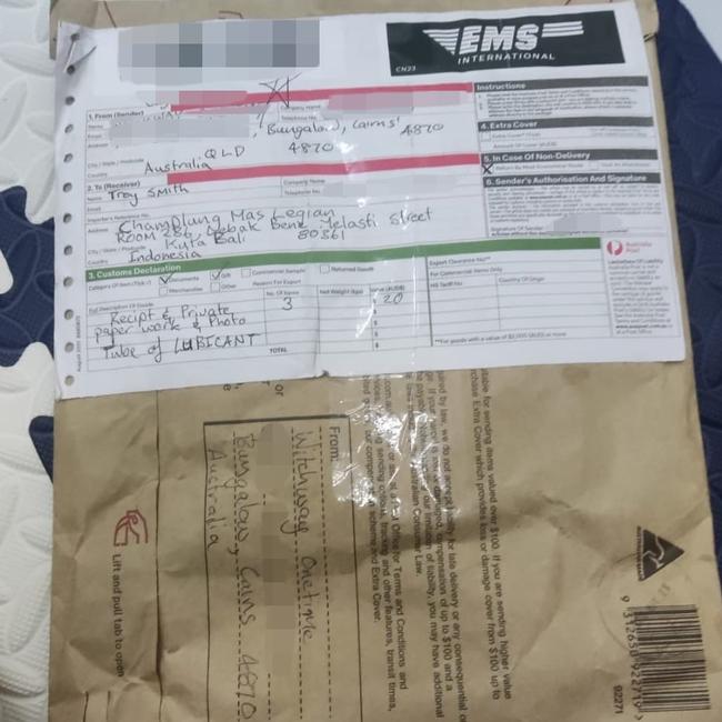 The package that was delivered to Troy Smith in Bali, which his lawyers say was sent from Queensland and allegedly contained drugs. Picture: Supplied