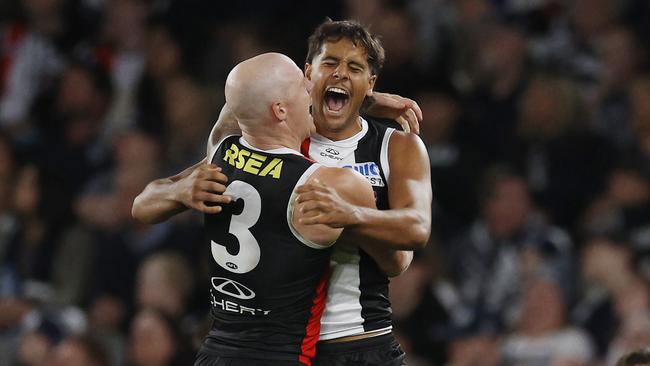 NCA. MELBOURNE, AUSTRALIA. 22nd March, 2025 .  AFL Round 2. St Kilda vs Geelong at the Marvel Stadium.  Isaac Keeler of the Saints celebrates a 3rd quarter goal, his 1st goal in AFL footy  . Picture: Michael Klein