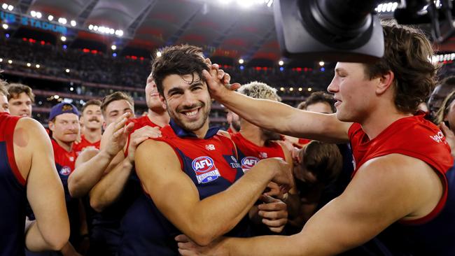 Teammates react when Christian Petracca of the Demons was announced as the Norm Smith Medal winner. Picture: Getty Images