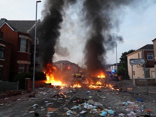 Fiery scenes in Southport after the horrific stabbing attack. Picture: Getty Images