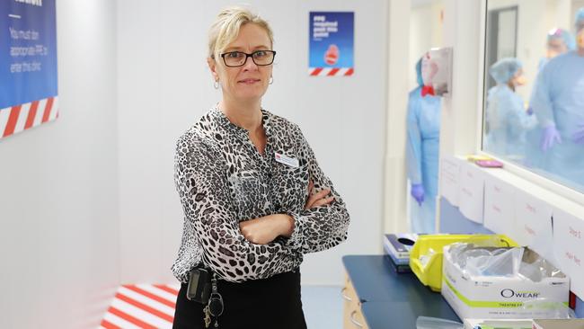 Intensive Care Service nursing manager Rosemarie Gregor at the donning station before entering the Red COVID-19 ICU. Picture: Rohan Kelly