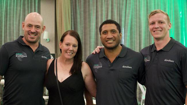 Townsville Blackhawks coach Terry Campese with team masseuse Tania Gourley-Heyboer, winger Kalifa Faifai Loa and captain Kyle Laybutt. Picture: Nathan Ferguson / Blackhawks Media