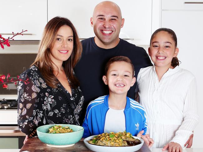 Shane Delia with wife Maha and kids Jude, 6, and Jayda 10 at their Moonee Ponds home. Picture: Rebecca Michael