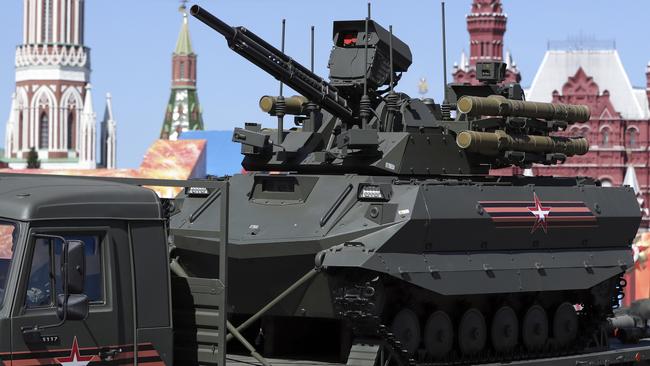 An unmanned combat ground vehicle Uran-9 is carried by a truck during Russia’s Victory Day military parade. Picture; AP.