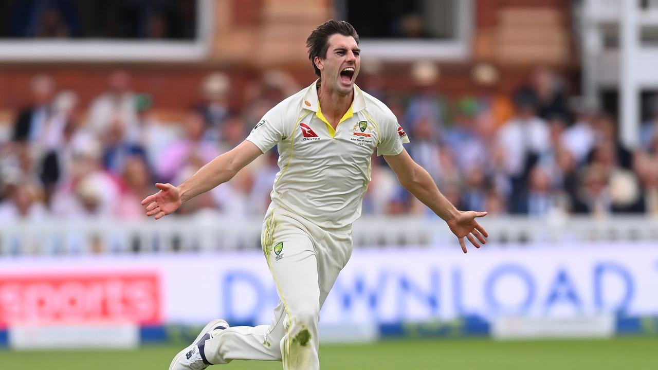 Pat Cummins celebrates after dismissing Joe Root - before backing it up with Harry Brook’s wicket. Picture: Getty