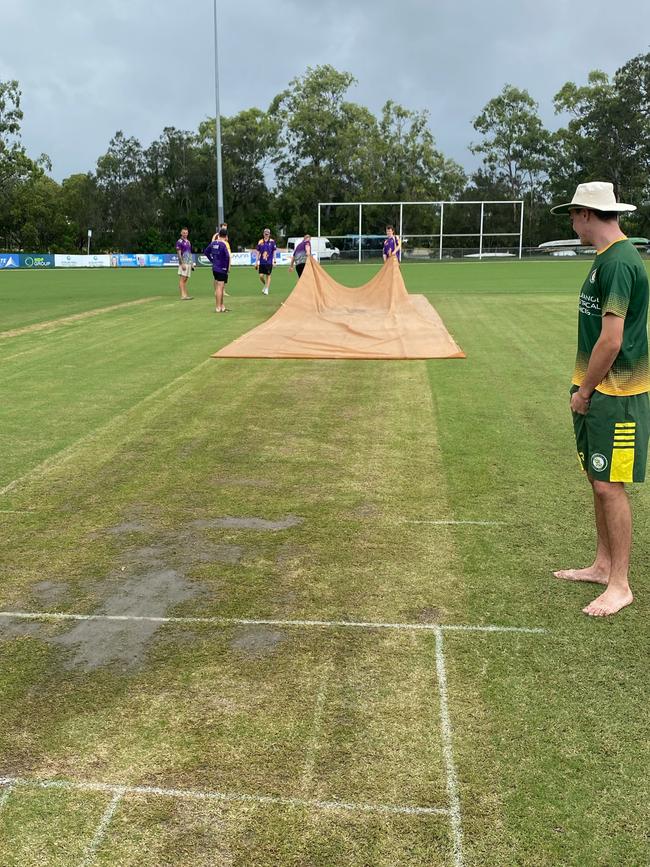 Rain had leaked through covers causing the match between Palm Beach and Queens to be abandoned without a ball being bowled on day two. Picture: Supplied