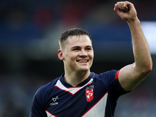 HUDDERSFIELD, ENGLAND - OCTOBER 28: Jack Welsby of England celebrates after the team's victory and winning the series after the Autumn Test Series match between England and Tonga at John Smith's Stadium on October 28, 2023 in Huddersfield, England. (Photo by Jess Hornby/Getty Images)