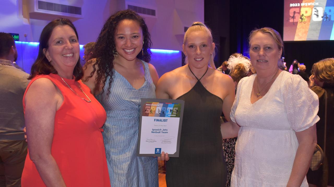 Paula Stuart, Abigail Meagou, Stephanie O’Brien and Troye Pollock from Ipswich Jets Netball