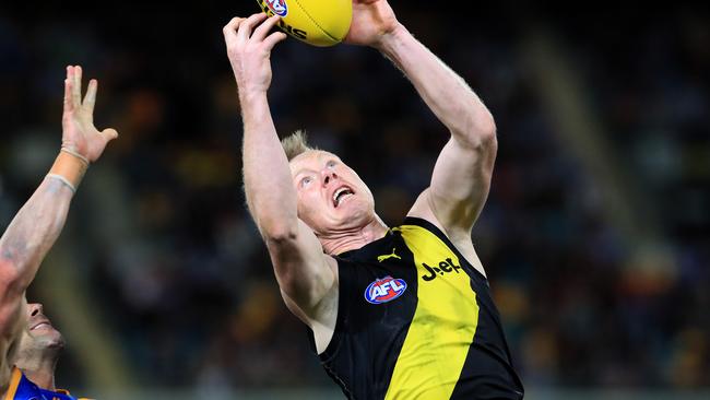 Jack Riewoldt takes a mark against the Lions. Picture: Adam Head