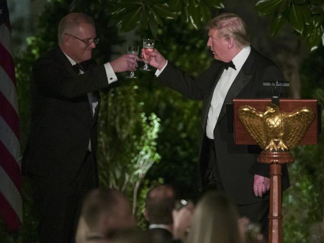 President Donald Trump toasts Australian Prime Minister Scott Morrison during a State Dinner. Picture: Alex Brandon