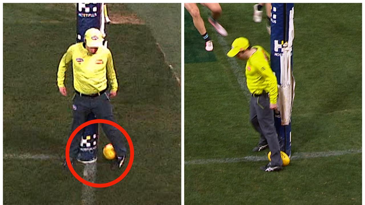 The goal umpire couldn't quite get his dancing feet out of the way.