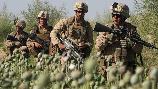 US Marines patrol through a poppy field in Afghanistan.