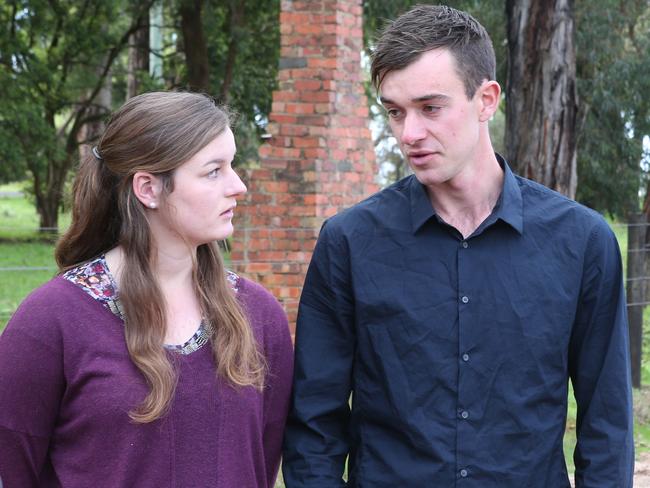 Mitchell and Ella Tromp hold a press conference on a property in Silvan after news that their missing father Mark Tromp was found near Wangaratta. Picture: David Crosling