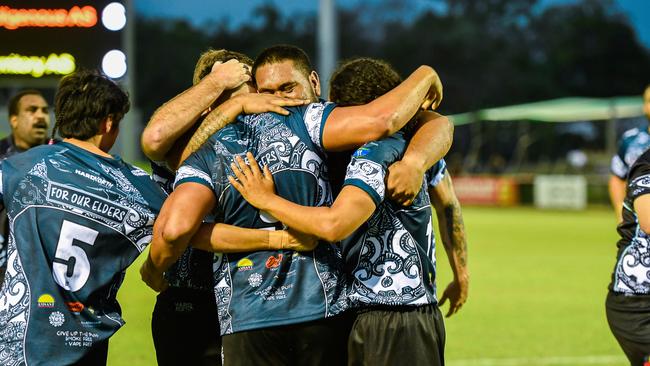 The Territory All Stars celebrate a try in the 2023 Deadly Cup Carnival. Picture: Pema Tamang Pakhrin