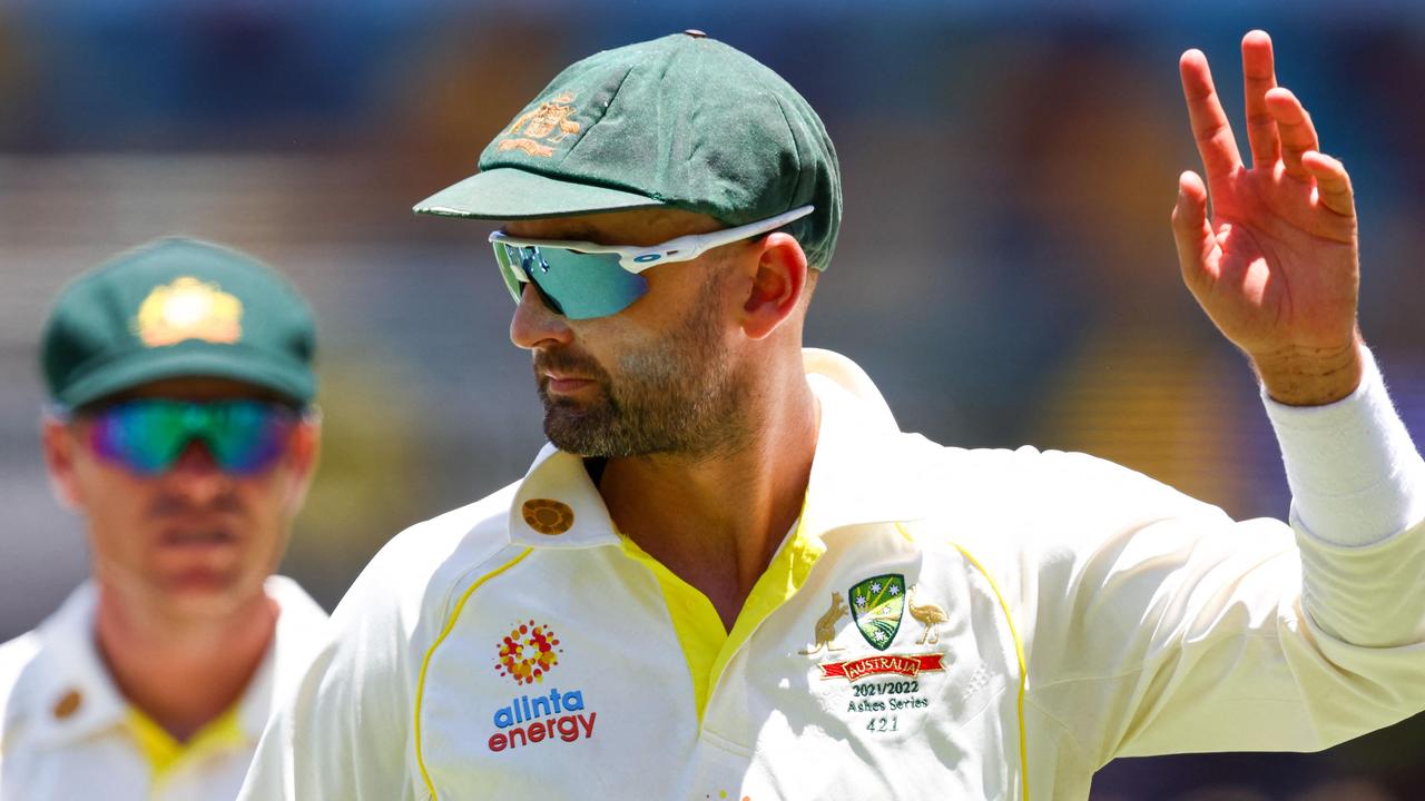 Nathan Lyon salutes to the crowd after claiming his 400th wicket. Picture: AFP Images