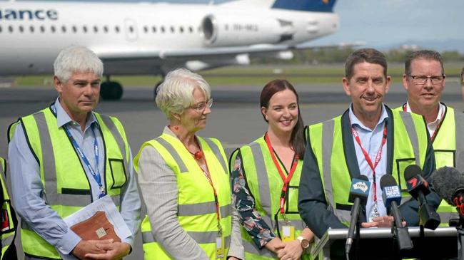 Managing Director of Alliance Scott McMillan, Mayor Margaret Strelow, Brittany Lauga MP, Minister Cameron Dick and Barry O'Rourke MP at Rockhampton's airport Friday morning. Picture: Jann Houley