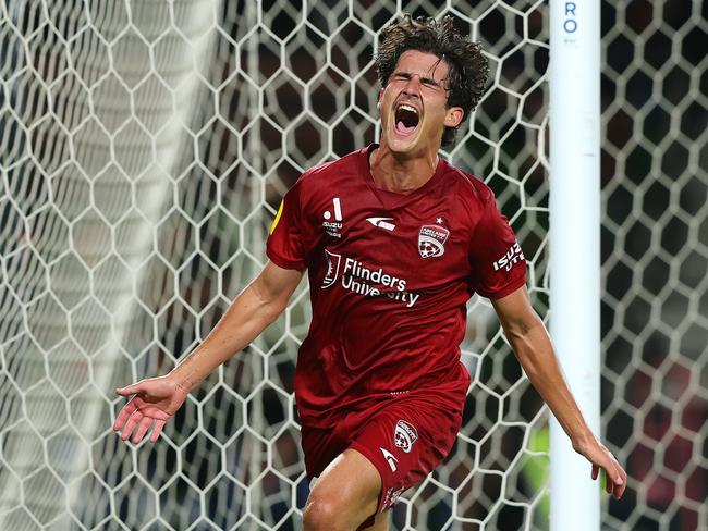 Adelaide United striker Archie Goodwin celebrates after scoring one of his 13 A-League goals this season. Picture: Sarah Reed/Getty Images