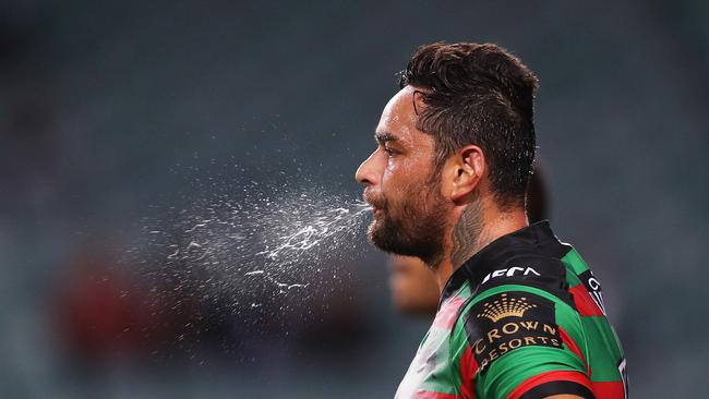 South Sydney's John Sutton spitting after a Manly try during the South Sydney v Manly rugby league game at Allianz Stadium, Sydney. Picture: Brett Costello