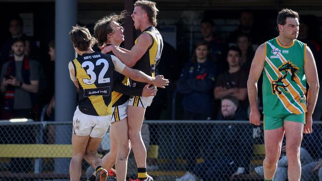 Guy Laughlin of Mitcham (second from right) celebrates with teammates on Saturday. Picture: George Salpigtidis