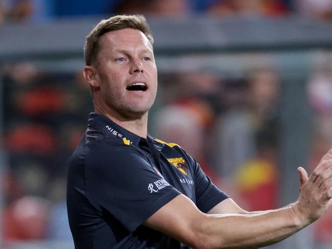 GOLD COAST, AUSTRALIA - APRIL 13: Sam Mitchell, Senior Coach of the Hawks is seen during the 2024 AFL Round 05 match between the Gold Coast SUNS and the Hawthorn Hawks at People First Stadium on April 13, 2024 in Gold Coast, Australia. (Photo by Russell Freeman/AFL Photos via Getty Images)