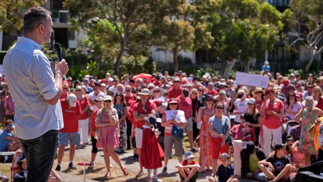 Save Little Bay’s Olde Lorenzen speaks to the crowd during the protest on Sunday. Picture: Zac Rushton