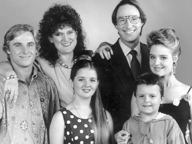 The Hey Dad! cast (back from left) Ben Oxenbould, Julie McGregor, Robert Hughes and (front from left) Sarah Monahan, Mathew Krok and Rachael Beck in 1992.