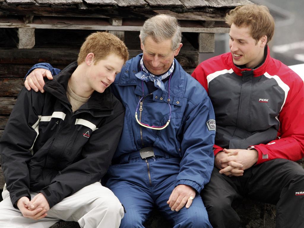 King Charles poses with his sons Prince William (R) and Prince Harry (L) during the Royal Family's ski break at Klosters in 2005 in Switzerland. Picture: Pascal Le Segretain/Getty Images