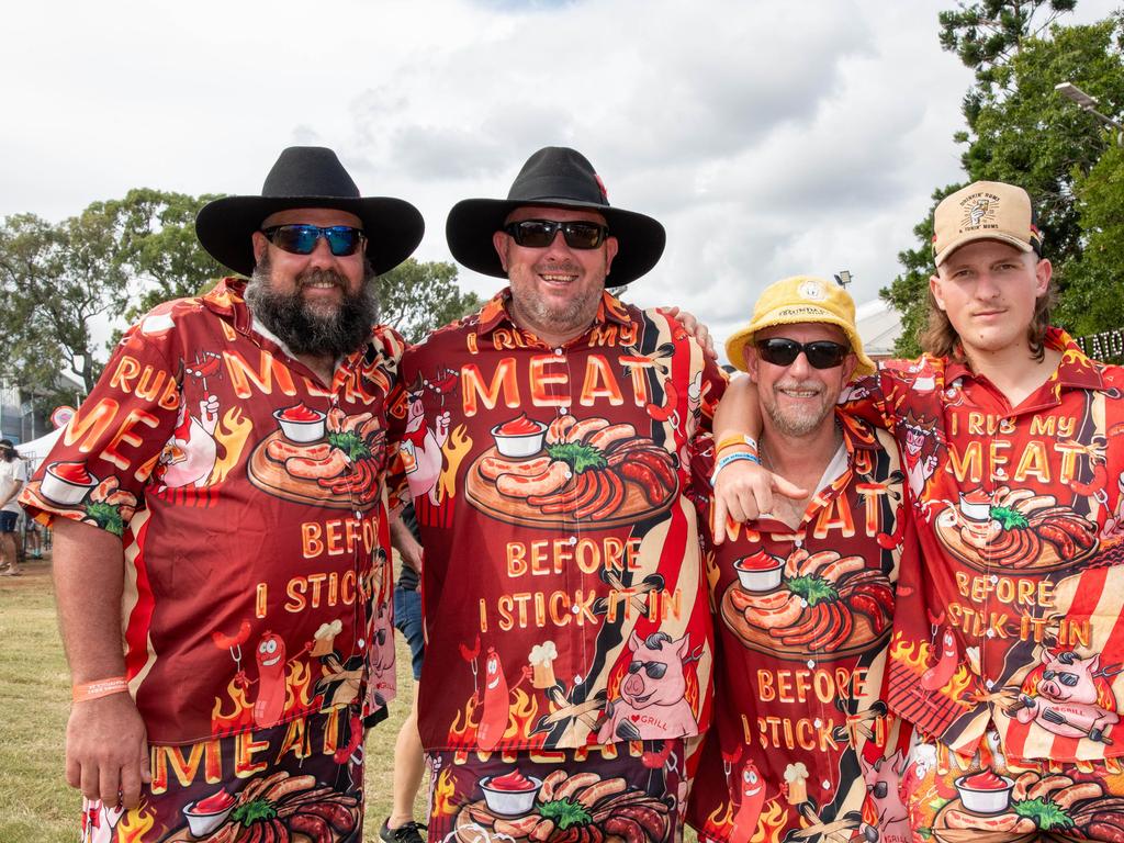 Dressed in their best, from left; Craig Blank, Jason Peace, Dean Hoey and Ethan Peace. Meatstock – Music, Barbecue and Camping Festival at Toowoomba Showgrounds. Friday March 8, 2024 Picture: Bev Lacey