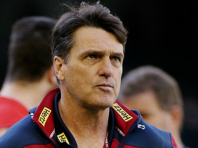 AFL Round 19- Melbourne v Brisbane Lions at Etihad Stadium. Paul Roos leaves the 3/4 time huddle. 3rd August 2014. Picture : Colleen Petch